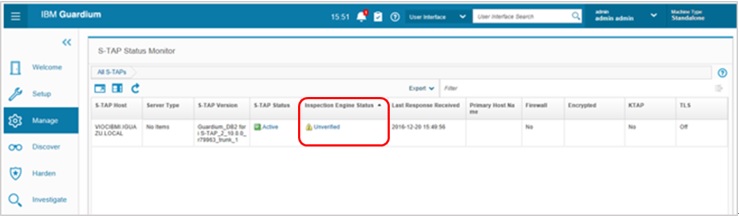 GuardiumとDB2 for i との接続状況画面